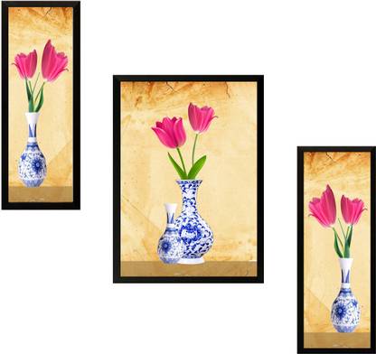 KALARKARI 3 Frame floral painting with synthetic frame without glass Canvas 14 inch x 12 inch Painting