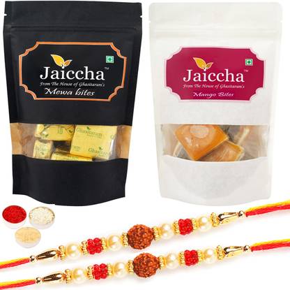 Jaiccha Rakhi Gifts Sweets-Pack of 2 Mewa bites 200 gms and Mango Bites 200 gms Pouches with 2 Rudraksh Rakhis Combo