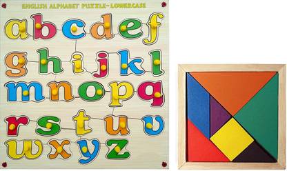 Sheny Alphabet (a to z) Small Letter Wooden Puzzle ,Wooden Colorful Learning Letters Alphabets Board for Kids with Knobs, Educational Learning Wooden Tray (Small Letters) AND Wooden Tangram Puzzle Intelligent Blocks for Kids,Tangram for Kids Early Learning and Shape Recognition
