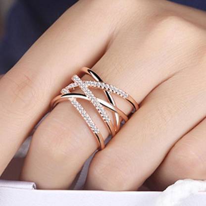 MYKI Stunning Criss-Cross Beautiful Zircon Adjustable Ring For Women & Girls Stainless Steel Swarovski Zirconia Gold Plated Ring