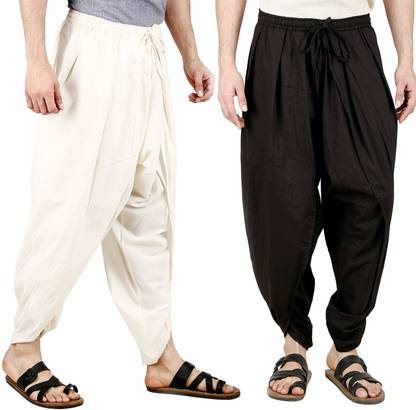 VR Designers Unisex Cotton Dhoti Pants with Elasticated Waistband (Set of 2, White and Black, free size) Solid Men Dhoti