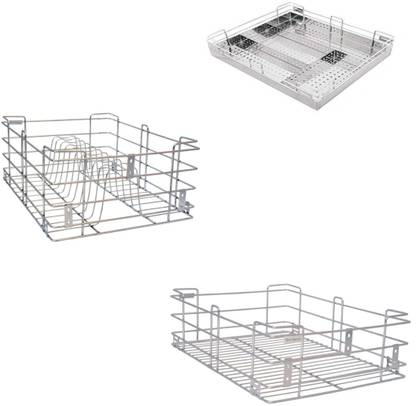 PN Utensil Kitchen Rack Steel Stainless Steel Modular Kitchen Basket Accessories cabinets Multipurpose storage drawer 6" Plain/ 4" Cutlery/ 8" Thali Wired (19 INCH WIDTH * 20 INCH DEPTH) set of 3