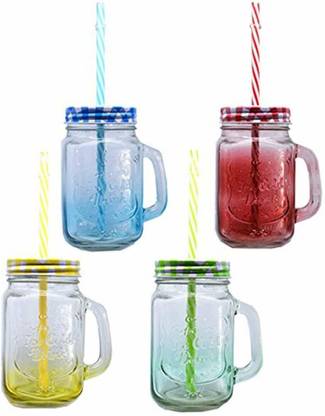 VENTUOS SQUARE SHAPE GLASS JAR WITH HANDLE, STRAW AND MULTI COLOR LID SET OF 4 Glass Mason Jar