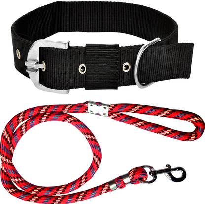 ADIOS Good Quality Dog Belt Combo of 1.5 inch Red Dog Collar with Black Lead Specially for Big Dogs 1.5m Lengthy Dog Collar & Leash