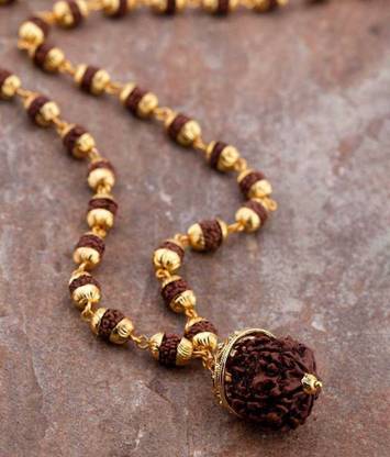 Fedput Lord Shiva Casting Cap With Puchmukhi Rudraksha Mala Duble Color Combination Gold-plated Plated Wood Chain Gold-plated Brass, Wood