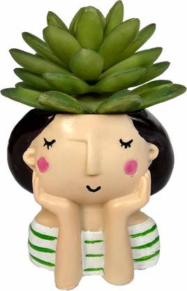Homesutraa Resin Thinking Girl Shaped Small Mini Cute Fancy Decorative Pot (9 X 7.5 X 9 CM) Plant Container Set