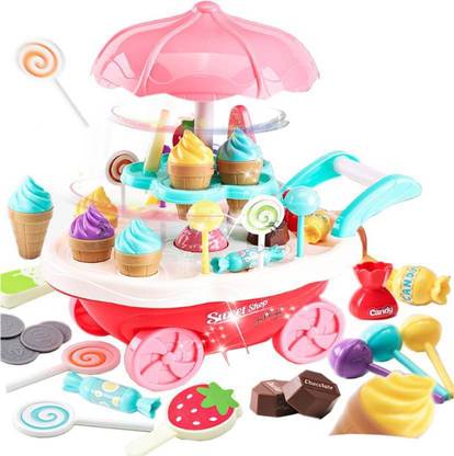 MARATHON 30pcs Mini Sweet Cart Pretend Play Ice Cream Sweet Shop Lighting Music Children Educational Plastic Cosplay Kitchen Toys Set
