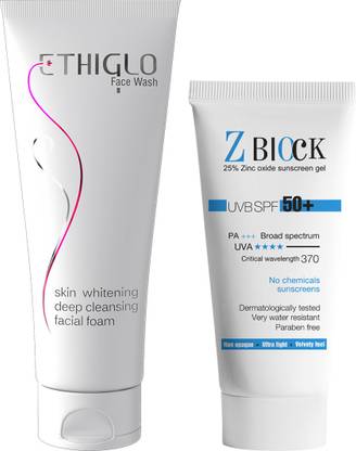 ETHIGLO Face Wash 70ml and Z-Block 25% Zinc Oxide Sunscreen Gel, SPF 58, 50 ml