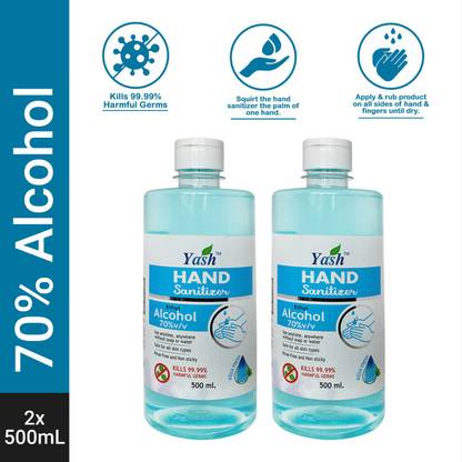 Yash Herbal Anti Bacterial Organic alcohol based hand Sanitizer with 70% Alcohol Based Killing 99.99% Harmful Germs- Combo Pack of 2 (500 ml each) Hand Sanitizer Bottle