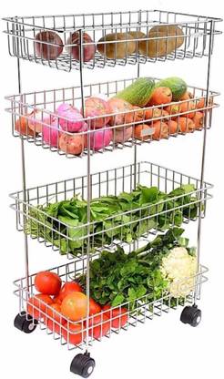 WAYMORE 4 Layer Fruits & Vegetable Onion Trolley Container Basket Organizer Stainless Steel Kitchen Trolley