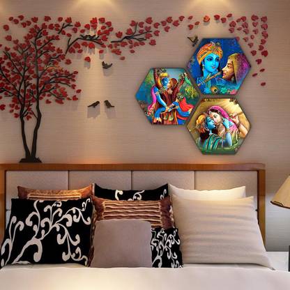 Janki Modern Art Radha Krishna Love 3 Piece Set of 3 Hexagon 6mm MDF Wall Painting Digital Reprint 21.5 inch x 21.5 inch Painting