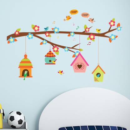 Asian Paints 58 cm Cute Bird House on Branch Vinyl Wall Sicker Removable Sticker