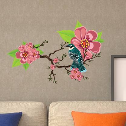 Asian Paints 55 cm Blue Bird Pink Flowers Vinyl Wall Sicker Removable Sticker