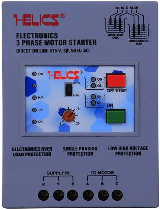 HELICS (TTW-410) : [Automatic] Three Phase Starter with Water Level Controller & Inbuilt Auto-Switch & Time Delay System (2.0 TO 4.0 H.P/ Two Tank's Controllable) with Sensor for Overhead Tank & Underground Tank Submersible Water Pump