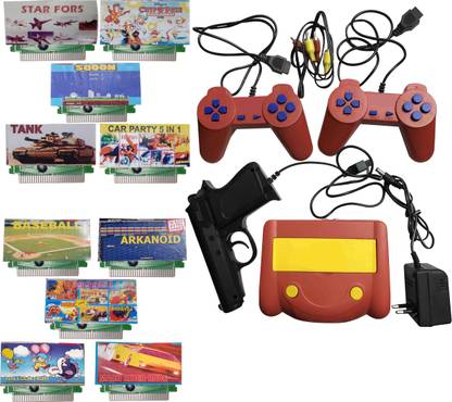 VK MART gaming console NA GB with 1x Game Console, 2x Game Joysticks,1xCharger, 1xGun, 10x cassettes LIKE STAR FORCE,CHIP DALES,SQOON,TANK,CARPARTY 5 IN 1,BASEBALL,ARKANOID,999 IN 1,BALLOON FIGHT,MACH RIDER