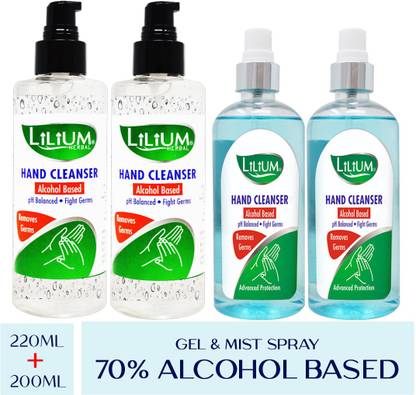 LILIUM 70% Alcohol Based Hand Cleanser (Sanitizer), 220ml Gel Pump & 200ml Mist Spray Hand Sanitizer Pump Dispenser