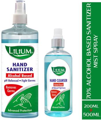 LILIUM 70% Alcohol Based Hand Cleanser (Sanitizer) Liquid Spray, 500ml & 200ml Sanitizer Spray Bottle