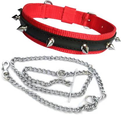 BODY BUILDING Nylon Dog Belt Combo of Red Dog Spike Collar with Dog Chain Dog Collar & Chain