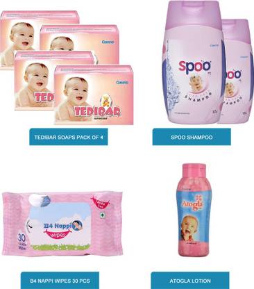 CURATIO Baby care Combo - 4 Tedi Bari Soaps + 2 Spoo Shampoos(125ml)+ 1 B4 Nappi 30 Wipes+1 atogla lotion(200ml)