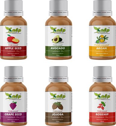 Kalp pack of six carrier oils 15ml each (AppleSeed Oil, Argan Oil, Avocado Oil, Grapeseed Oil, Jojoba Oil, Rosehip)