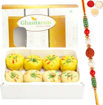 Ghasitaram Gifts Rakhi Sweets -Mawa Peda Box (200 gms) with Green Rudraksh Rakhi Combo