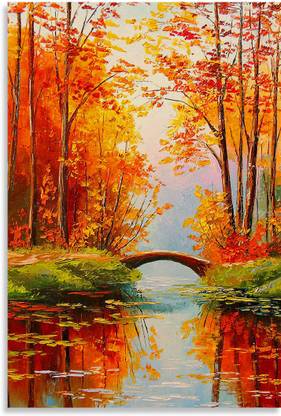 Bridge In The Autumn Forest Canvas Painting Inspirational Design Awesome Motivational & Quirky Painting Art Wall Poster, Posters Frame Not Included, (12 inch X 18 inch Rolled) Fine Art Print