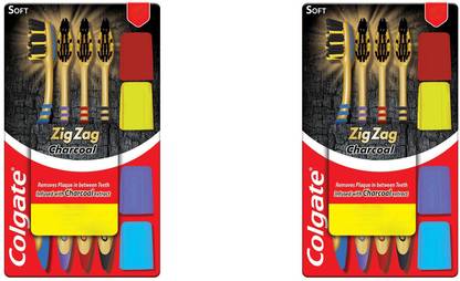 Colgate ZigZag Charcoal Toothbrush Infused with Charcoal Extracts – (4+4) Soft Toothbrush