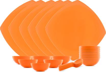Dine With Us Pack of 24 PP (Polypropylene) Food Serving Dinnerware Microwave Safe Solid Dinner set -24 Pieces (Including : Plates, Bowls, Spoons) - Orange Dinner Set