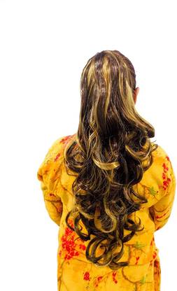 MoonEyes 5 Clips ¾ Head 1 Piece Curly Wavy  Extensions For Women With Matt Finish No Extra Shine  Extensions For Girls To Increase Instant Length And Volume (Black +Golden Highlight) New Updated Texture Hair Extension