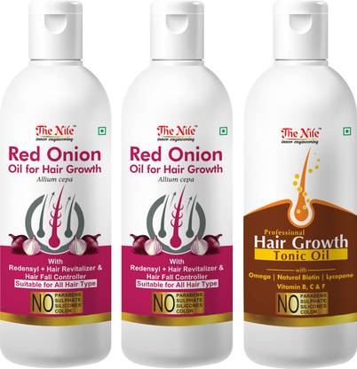 The Nile Red Onion Oil with Redensyl + Hair Revitalizer, Hair Regrowth & Hair Fall Control Hair Oil 100 ML + Red Onion Oil with Redensyl + Hair Revitalizer, Hair Regrowth & Hair Fall Control Hair Oil 100 ML + 100 % Pure and Natural Hair Growth Tonic For Hair Regrowth, Anti Hair Fall 100 ML (Set of 3 Bottle 300 ML) Hair Oil