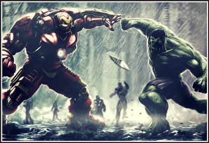 Iron Man & Hulk Fight Paper Print
