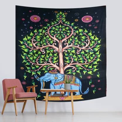 D K Lifestyles Hippie Gippie Elephant Brush Paint Wall Hanging Living Room Decoration Bedsheet Bedcover Beach Throw Room Dorm (Size 84 x 54 inches) Tapestry