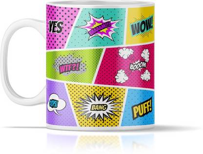 SEMI-CIRCLE comic style word wow,yes,wtf style print Ceramic Coffee Mug