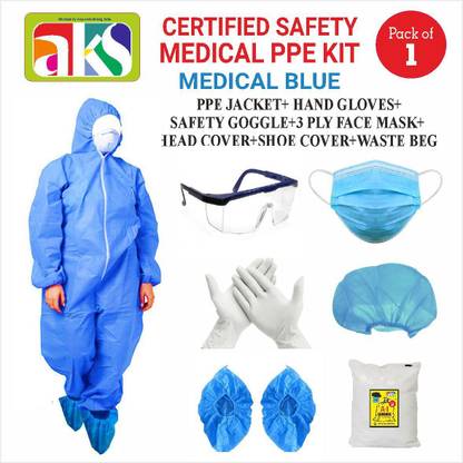 AKS BY. ARYAN ADVERTISING CERTIFIED SAFETY MEDICAL PPE KIT (PACK OF 1) (MEDICAL BLUE COLOR) PPE JACKET+ HAND GLOVES+ SAFETY GOGGLE+3 PLY FACE MASK+ HEAD COVER+SHOE COVER+WASTE BEG FOR MEDICAL STORES, DOCTORS., PHARMACEUTICAL COMPANY, SALON, BEAUTY PARLOR, HOTELS, RESTAURANT, SHOPKEEPERS, DRIVERS, WORKERS, OFFICE USE etc. Safety Jacket