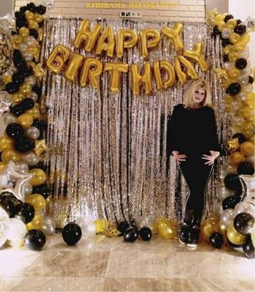 ablegate Solid Happy Birthday Letter Foil Balloon Set of Gold + 2Pcs Silver Fringe Curtain (3 X 6 Feet) + Pack of 50 pcs Metallic Balloons (Black, Balloon
