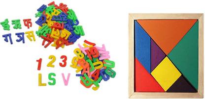 Sheny Hindi Words for Kids,Hindi Learning Toy K KHA Ga,Learning Educational Hindi Alphabets Letters Toy for Kids and Wooden Tangram Puzzle Intelligent Blocks for Kids,Tangram for Kids Early Learning and Shape Recognition