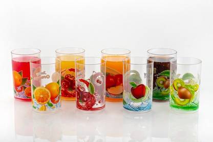 VENTORA (Pack of 8) Fruit Design Clear Pattern Drinking & Juice Plastic Glass Set Water/Juice Glass