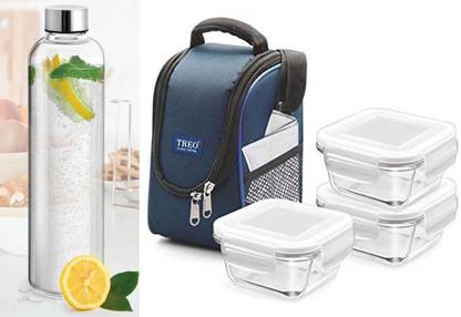 TREO Glass Lunch Box Set of 3 Square with Clarion 760 ml Bottle 3 Containers Lunch Box