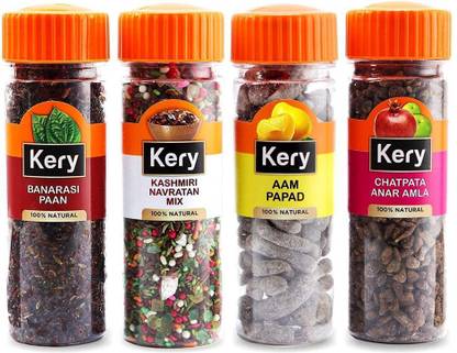 Kery Pachak Combo Navratan Mix Mukhwas, Banarasi Paan, Anar Amla, Aam Papad Mango Slice Mouth Fresheners (4 Bottles) 530g Navratan Mix Mukhwas, Banarasi Paan, Anar Amla, Aam Papad Mango Slice Mouth Fresheners Mouth Freshener