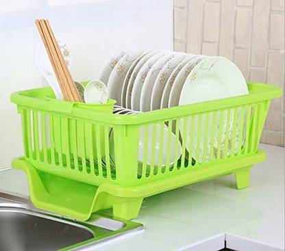 MECHON Plastic 3 in 1 Large Sink Set Dish Rack Drainer with Tray for Kitchen (Green) Storage Basket
