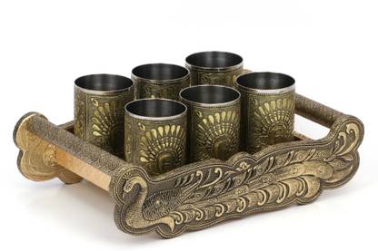NAVRANG Wooden Serving Tray Set With Handles Peacock Design Lemon Set Return Gifts Tray, Glass Serving Set