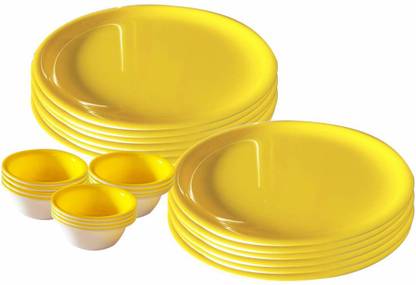 swift international Pack of 24 Plastic Yellow Colour Unbreakable Acrylic |Microwave Safe Round Dinner Plates Set (12 Plates 11 Inch and 12 Bowls 100 ML) Dinner Set