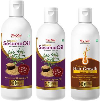 The Nile 100 % Pure and Natural Organic Sesame Oil for Skin and Hair 100 ML + 100 % Pure and Natural Organic Sesame Oil for Skin and Hair 150 ML + 100 % Pure and Natural Hair Growth Tonic For Hair Regrowth, Anti Hair Fall 100 ML Hair Oil