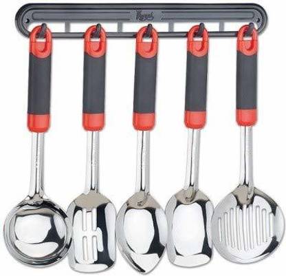 PRERNA Stainless Steel Cooking and Serving Spoon Set/Kitchenware/Cookware Big Utensil Set of Soft Grip Plastic Handled with Stand(1 Turner,1 Serving Spoon,1 Skimmer,1 Basting Spoon,1 Ladle) Kitchen Tool Set