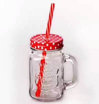 RK ONLINE SALES Jar Bottle with Handle, Colored Cap Lid & Straw for Juice Glass Mug (500 ml)