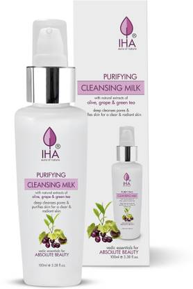 IHA Purifying Herbal Cleansing Milk - Gentle and Soft Deep Pore Cleanser with Olive, Grape and Green tea, Hydrating Face Cleanser for All Skin Types, 100 ML Face Wash