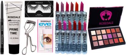 ROSEDALE Smudge & Water Proof HDA15 Essentials Makeup Colossal Kohl Kajal & Aloe Pearl Illuminating Face Primer & Waterproof False Eyelashes , Glue , Curler & ADS 12 Balm Matte Lipsticks & Desert Dusk Eyeshadow Palette