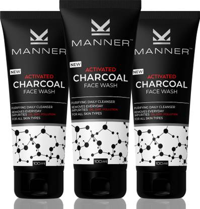Manner Activated Charcoal  for Oily Skin, Dirt & Pollution Clear Formula, SLS & Paraben Free, 100 ml each,Pack of 3 Face Wash