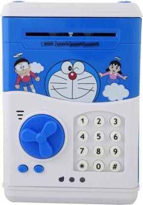 DDD Battery Operated Mini ATM Safe Kids Piggy Saving ATM Bank with Electronic Lock Coin Bank Cash Deposit Cartoon Doremon for Kids Coin Bank Coin Bank