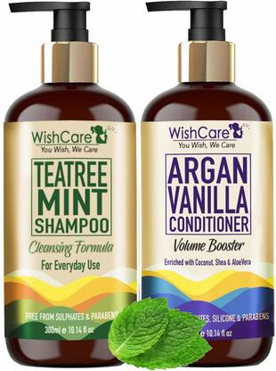 WishCare Tea Tree Mint Shampoo & Argan Oil Vanilla Conditioner Kit - Free from Mineral Oils, Sulphates & Parabens (Shampoo + Conditioner)